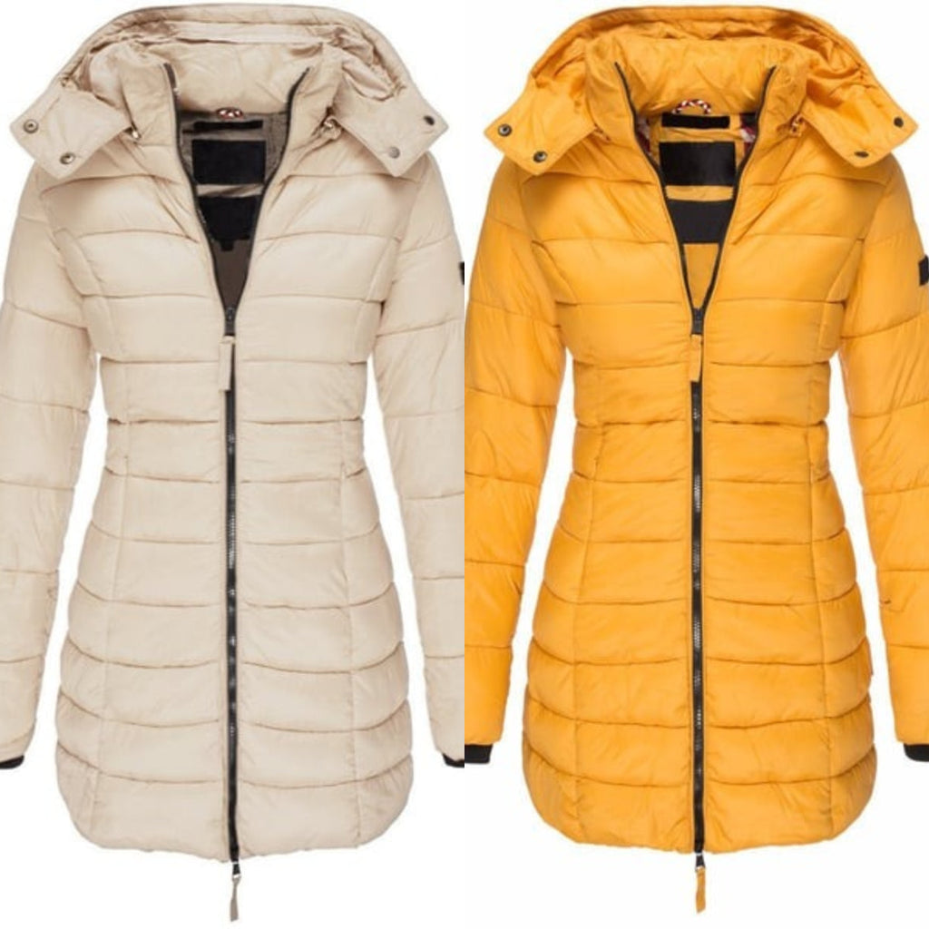 Winter Women's Mid-Length Padded Jacket with Hood - Warm Solid Color Outerwear by Coperck.com