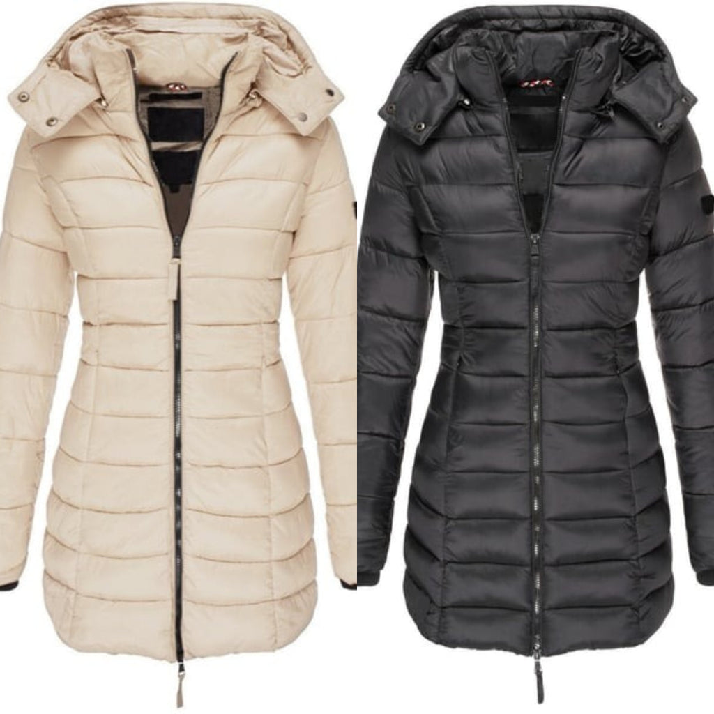 Winter Women's Mid-Length Padded Jacket with Hood - Warm Solid Color Outerwear by Coperck.com