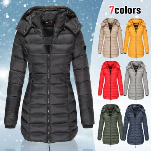 Winter Women's Mid-Length Padded Jacket with Hood - Warm Solid Color Outerwear by Coperck.com