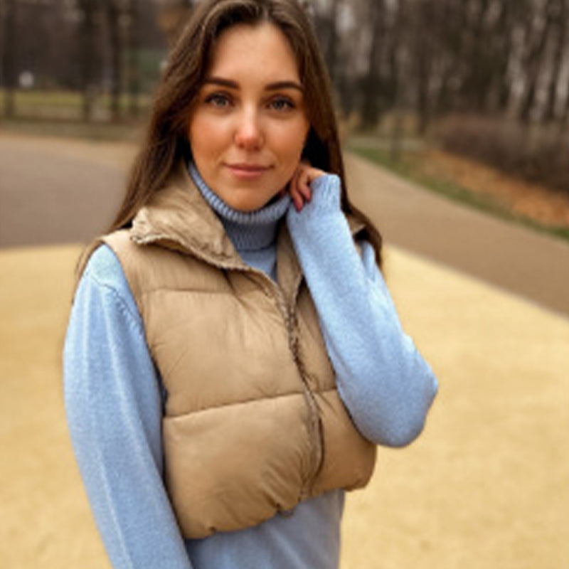 Women's Solid High Neck Zip Up Puffer Vest | coperck.com