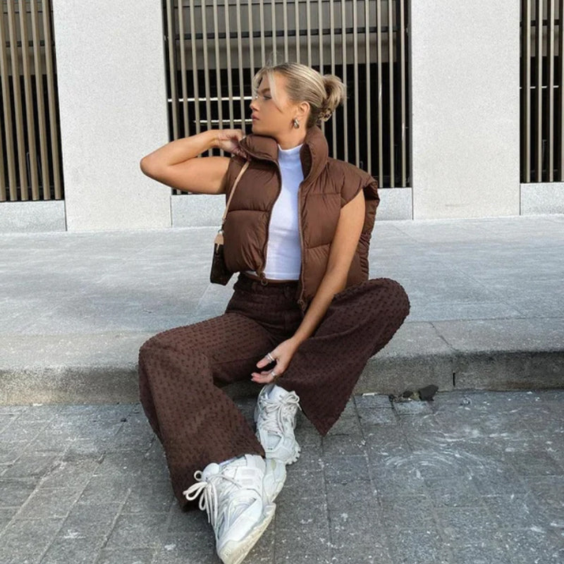 Women's Solid High Neck Zip Up Puffer Vest | coperck.com